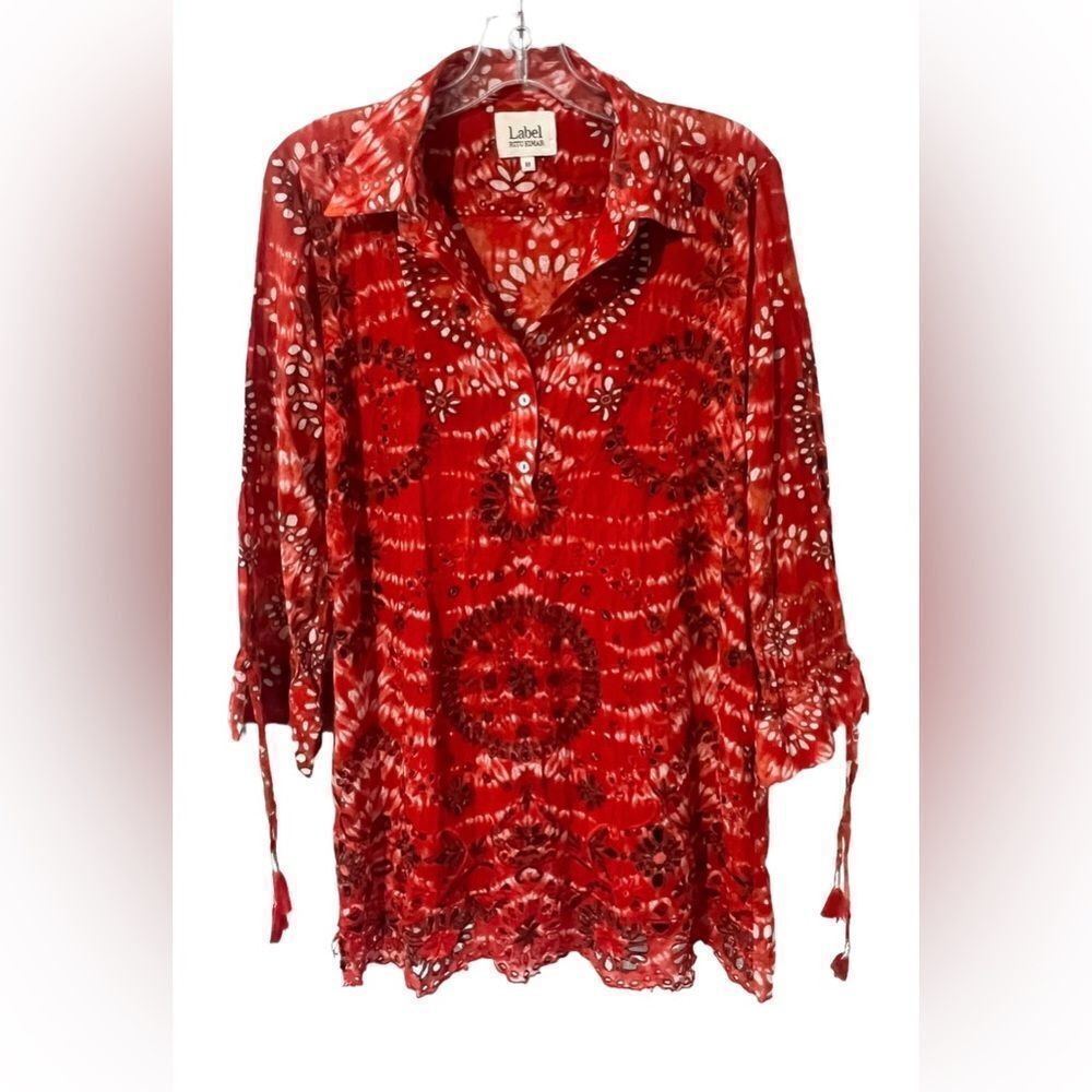 Label RITU KUMAR Indian Anthropologie Red Boho Tie Dye Eyelet Empire Dress M.